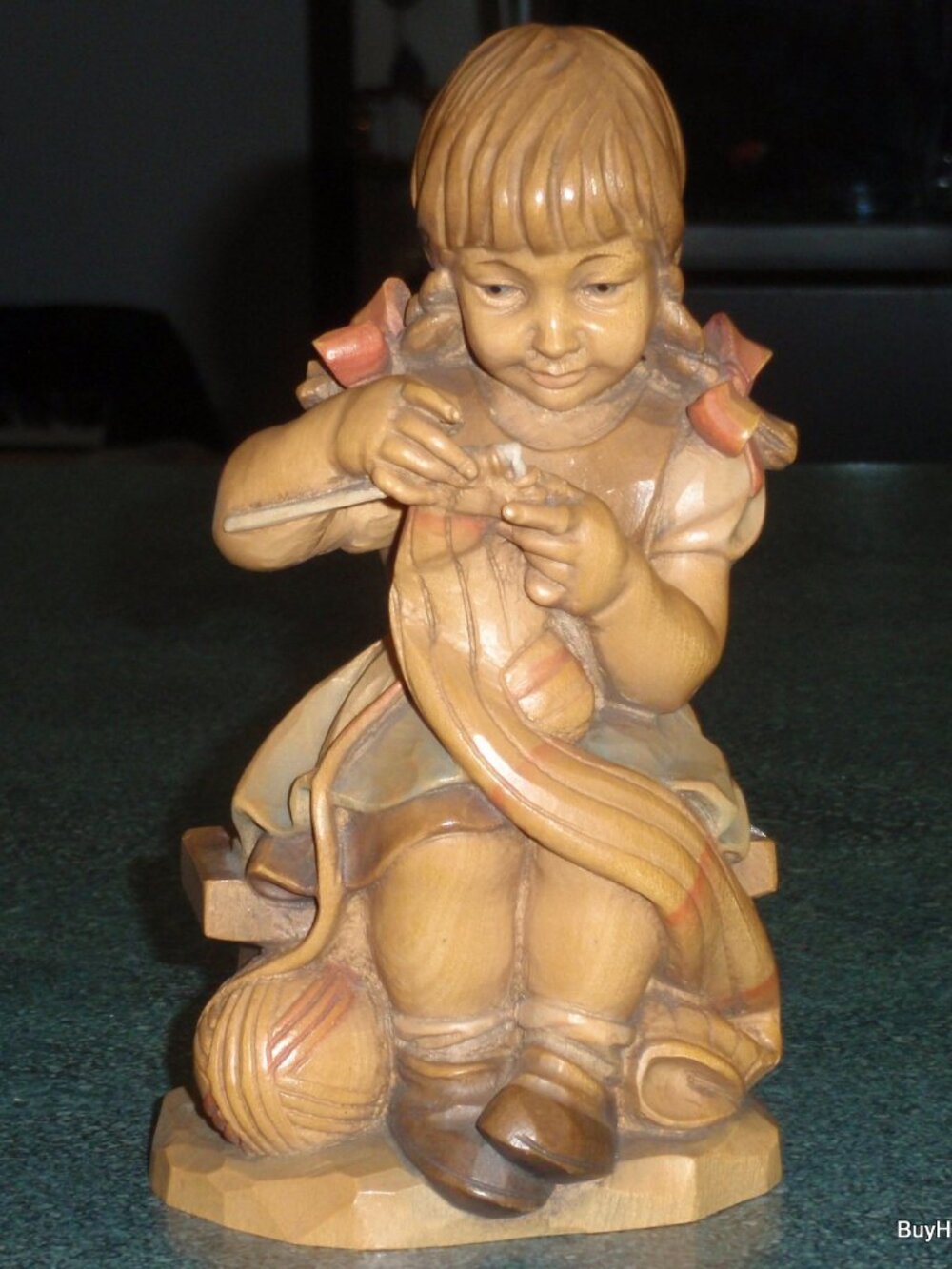 "Girl Knitting" ANRI Wood Carving Signed By ULRICH BERNARDI 7-1/2" tall - RARE!